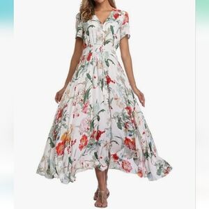 Women's Printed V Neck Dress Summer Button Elastic Waist Bohemian Floral Beach L